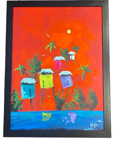 Original painting yellow flamboyant two houses