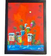 Original painting yellow flamboyant two houses