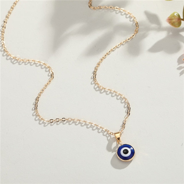 Vintage Ethnic Round Turkey Evil Eye Necklace For Women Gold Color Blue Eye Pendant Choker Clavicle Chain Turkish Jewelry